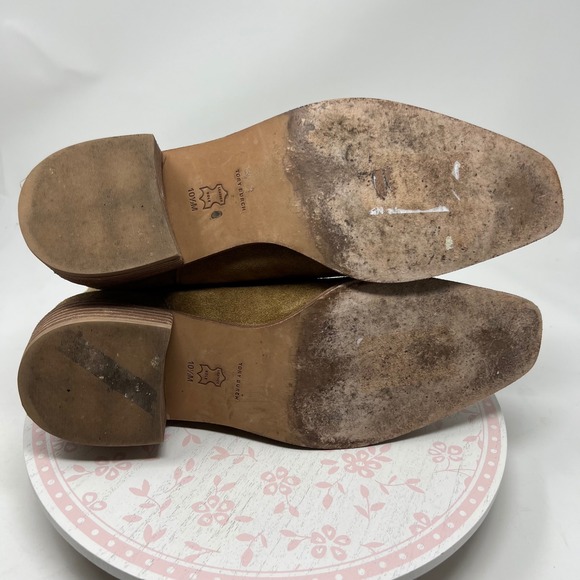 Tory Burch Chelsea Boots Women 10.5 Tan Suede Leather Square Toe Block Heel Pull - Picture 6 of 11